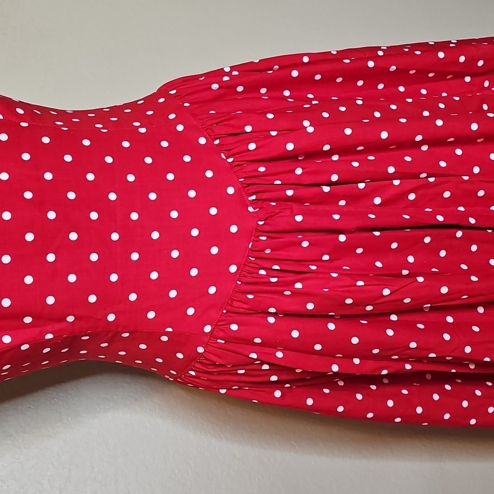 True Vintage 1980s Kamisato By Geary Roark Red Polka Dot Midi Dress Drop Waist M - Picture 7 of 15